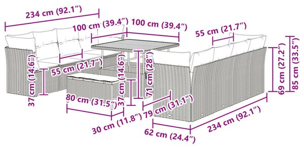 11 Darabos Kertkanapé Szett Párnákkal Fekete Poli Rattan Akáccal, 3 Darabos Kert Étkező Szett Párnákkal Fekete Poli Rattan Akáccal