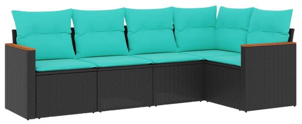 5 db fekete polyrattan kerti kanapégarnitúra párnákkal