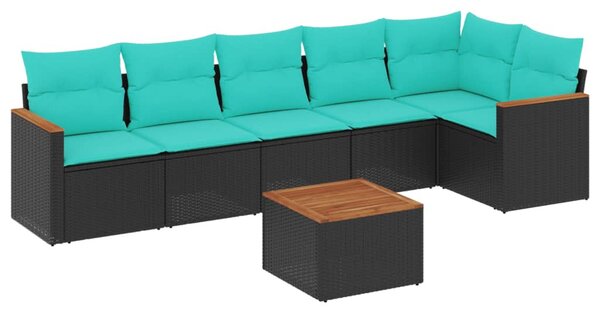 7 db fekete polyrattan kerti kanapégarnitúra párnákkal
