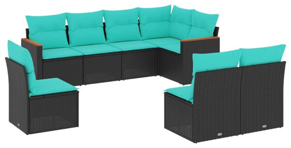 8 db fekete polyrattan kerti kanapégarnitúra párnákkal