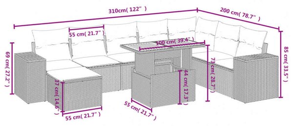 VidaXL Polyrattan Kerti Ülőgarnitúra - 9 részes - Fekete