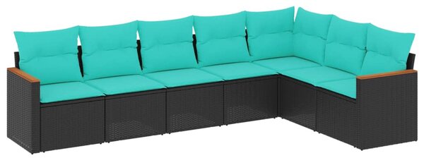 7 db fekete polyrattan kerti kanapégarnitúra párnákkal