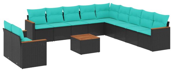 12 db fekete polyrattan kerti kanapégarnitúra párnákkal