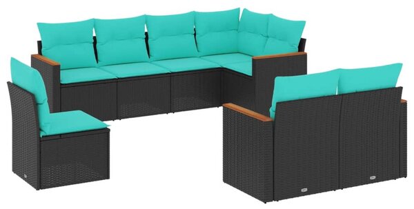8 db fekete polyrattan kerti kanapégarnitúra párnákkal