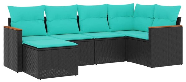 6 db fekete polyrattan kerti kanapégarnitúra párnákkal