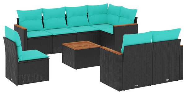 9 db fekete polyrattan kerti kanapégarnitúra párnákkal