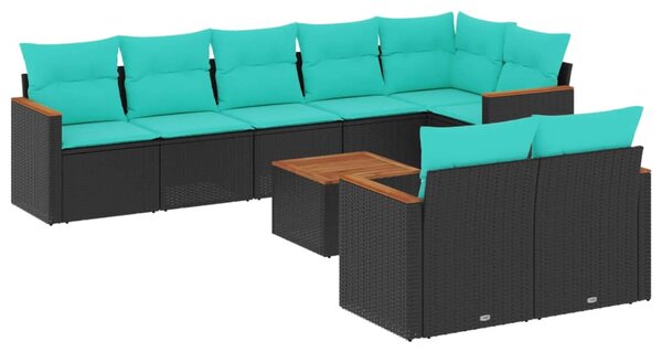 9 db fekete polyrattan kerti kanapégarnitúra párnákkal