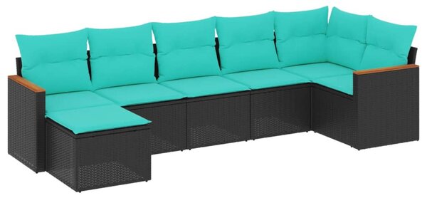 7 db fekete polyrattan kerti kanapégarnitúra párnákkal
