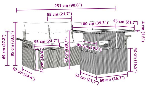5 darabos Kert Sofa Készlet Párnákkal Barna Poli Rattan