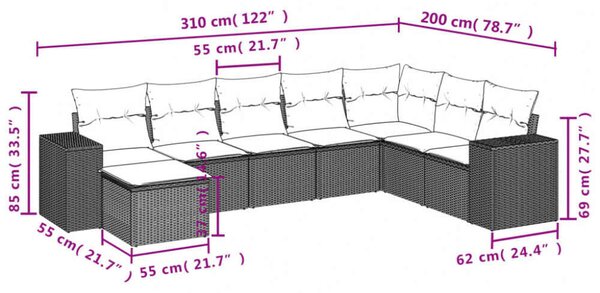 Polyrattan Kerti Ülőgarnitúra - 8 részes - Fekete