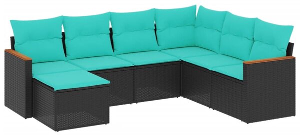 7 db fekete polyrattan kerti kanapégarnitúra párnákkal