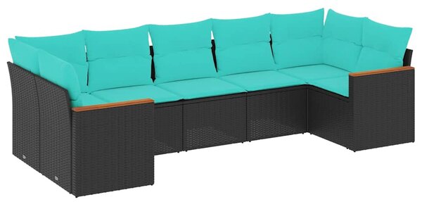 7 db fekete polyrattan kerti kanapégarnitúra párnákkal