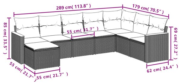 8 db szürke polyrattan kerti kanapégarnitúra párnákkal