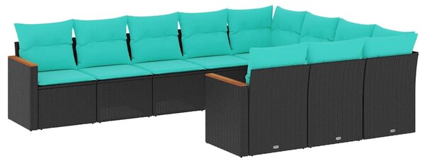 10 db fekete polyrattan kerti kanapégarnitúra párnákkal