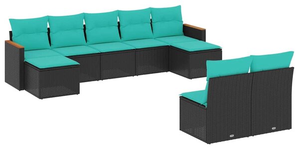 9 db fekete polyrattan kerti kanapégarnitúra párnákkal