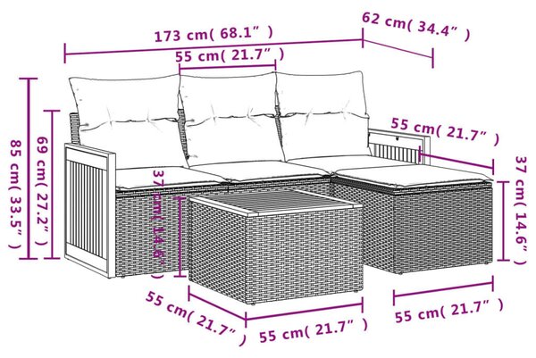 VidaXL 5 részes fekete polyrattan kerti kanapészett párnákkal