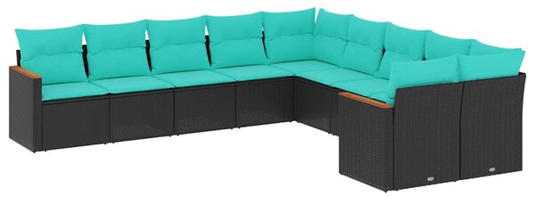 10 db fekete polyrattan kerti kanapégarnitúra párnákkal