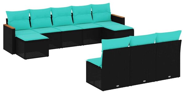 10 db fekete polyrattan kerti kanapégarnitúra párnákkal