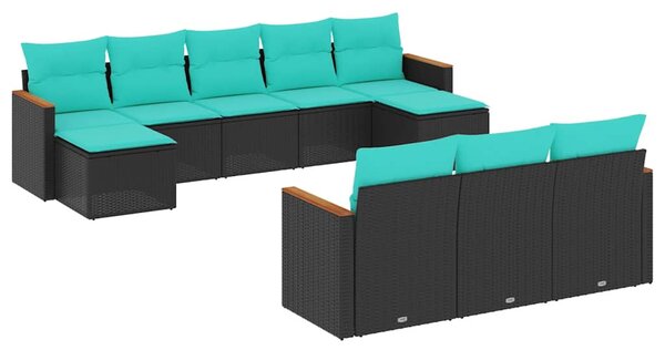 10 db fekete polyrattan kerti kanapégarnitúra párnákkal