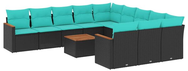 12 db fekete polyrattan kerti kanapégarnitúra párnákkal
