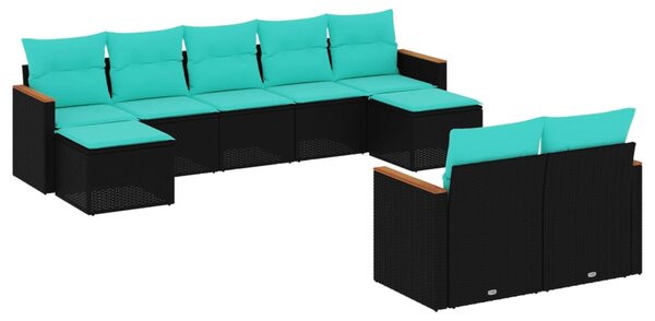 9 db fekete polyrattan kerti kanapégarnitúra párnákkal
