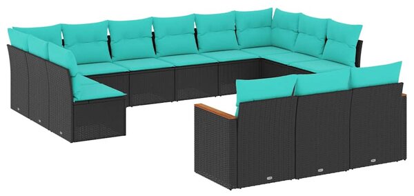 13 db fekete polyrattan kerti kanapégarnitúra párnákkal