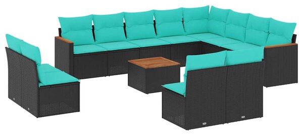 13 db fekete polyrattan kerti kanapégarnitúra párnákkal