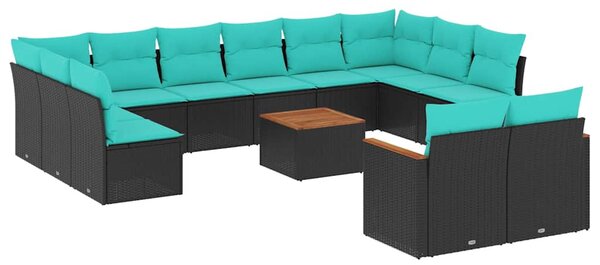 13 db fekete polyrattan kerti kanapégarnitúra párnákkal