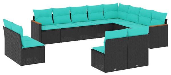 12 db fekete polyrattan kerti kanapégarnitúra párnákkal