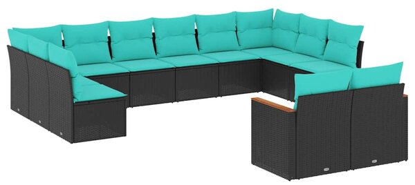 12 db fekete polyrattan kerti kanapégarnitúra párnákkal