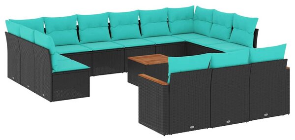 14 db fekete polyrattan kerti kanapégarnitúra párnákkal