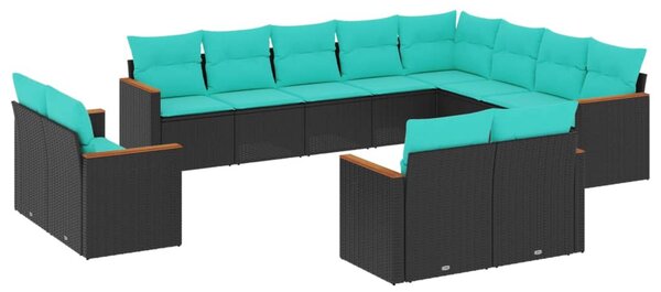 12 db fekete polyrattan kerti kanapégarnitúra párnákkal