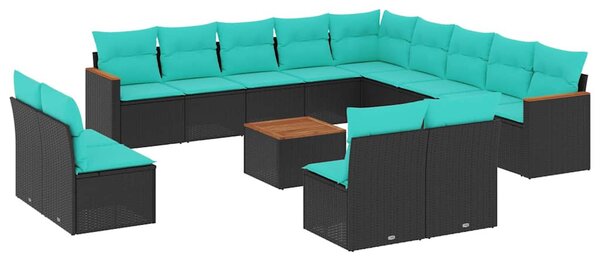 14 db fekete polyrattan kerti kanapégarnitúra párnákkal