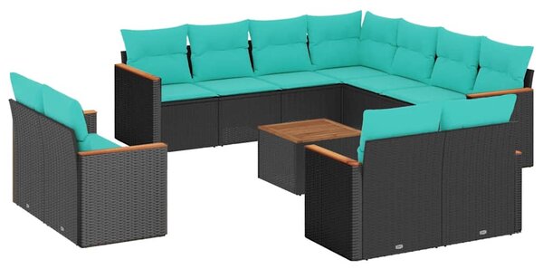 12 db fekete polyrattan kerti kanapégarnitúra párnákkal