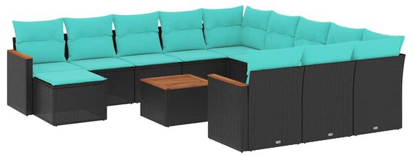 13 db fekete polyrattan kerti kanapégarnitúra párnákkal