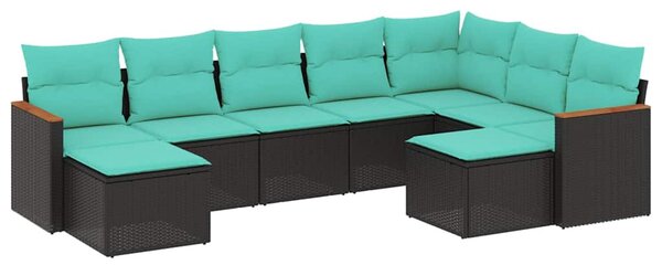 9 db fekete polyrattan kerti kanapégarnitúra párnákkal