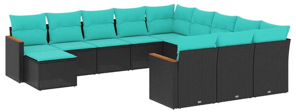 12 db fekete polyrattan kerti kanapégarnitúra párnákkal