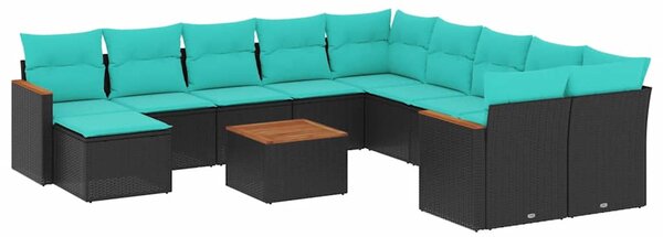 12 db fekete polyrattan kerti kanapégarnitúra párnákkal