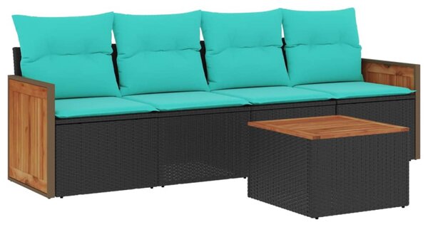 5 db fekete polyrattan kerti kanapégarnitúra párnákkal