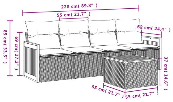 VidaXL 5 részes fekete polyrattan kerti kanapészett párnákkal