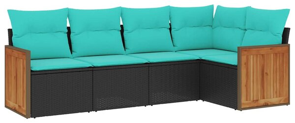 5 db fekete polyrattan kerti kanapégarnitúra párnákkal