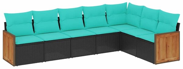 7 db fekete polyrattan kerti kanapégarnitúra párnákkal