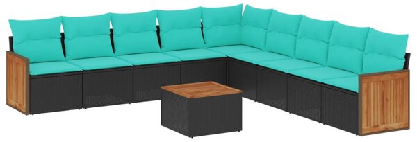 10 db fekete polyrattan kerti kanapégarnitúra párnákkal