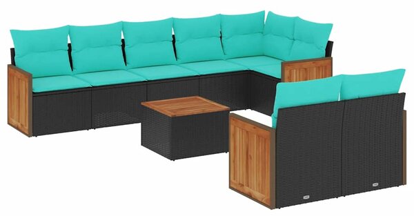 9 db fekete polyrattan kerti kanapégarnitúra párnákkal