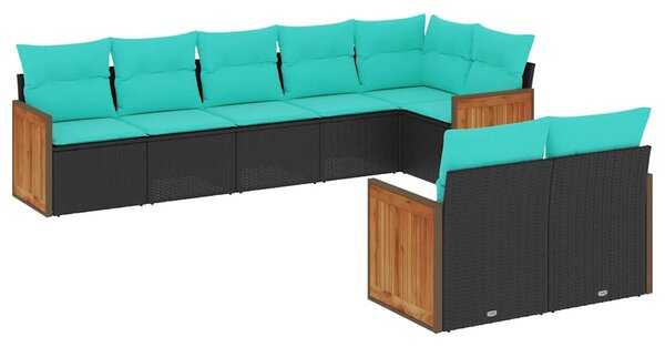 8 db fekete polyrattan kerti kanapégarnitúra párnákkal