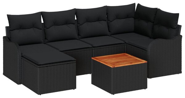 7 Darabos Kerti Sofa Szett Párnákkal Fekete Poli Rattan Akáciával, 2-Személyes Kerti Sofa Tárolóval &amp; Párnákkal Fekete Poli Rattan