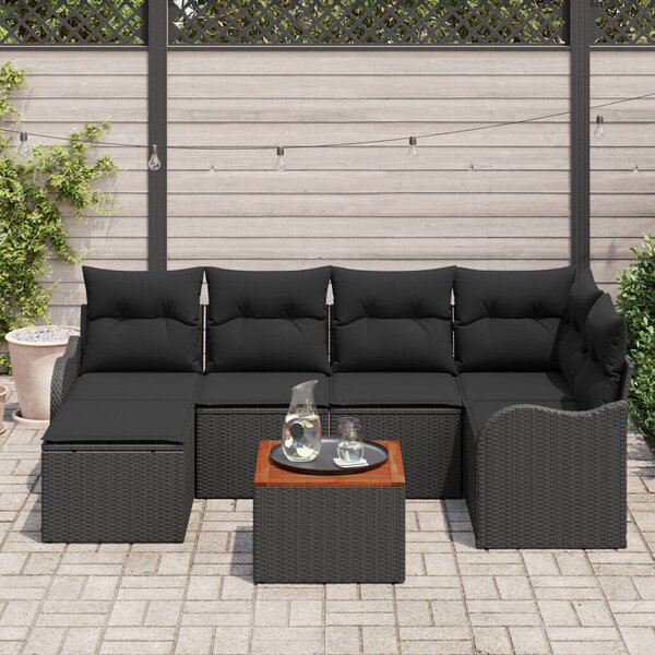 7 Darabos Kerti Sofa Szett Párnákkal Fekete Poli Rattan Akáciával, 2-Személyes Kerti Sofa Tárolóval &amp; Párnákkal Fekete Poli Rattan