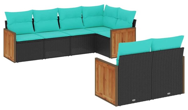 7 db fekete polyrattan kerti kanapégarnitúra párnákkal