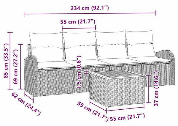 5 Részes Kerti Kanapé Szett Párnákkal Szürke Poli Rattan Akác