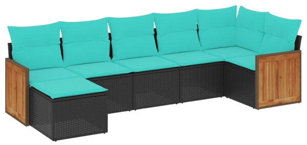 7 db fekete polyrattan kerti kanapégarnitúra párnákkal